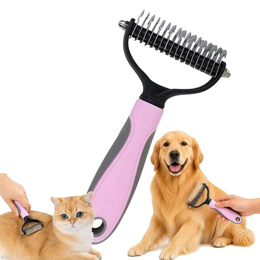 Undercoat Rake Pet Grooming Tool – Double Sided Dematting Comb for Dogs and Cats, Stainless Steel Deshedding Brush for Shedding, Tangles & Matted Fur, for Long Haired & Thick Coat Pets (Pink)