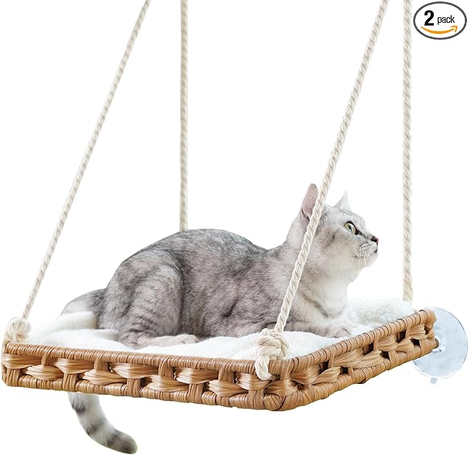SETVSON Cat Window Perch 2 Pack,Cat Window Hammock Bed for Indoor Cats,Large Handwoven PE Rattan Window Seat,4 Suction Cups,Double Sided Washable Cushion Bed,2.3 Inch Fence Shelf, Pet Kittens Natural
