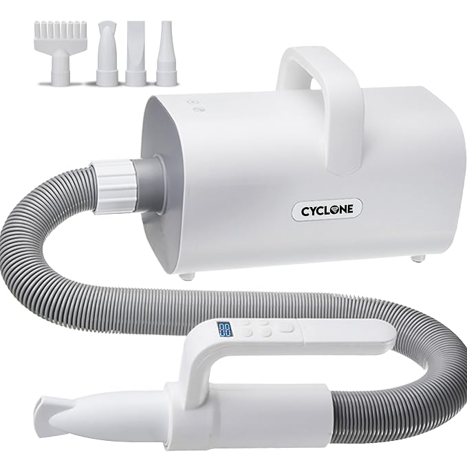 CYCLONE v4® Professional HIGH POWER Velocity Force Dog Hair Blow Dryer for Pet Grooming | Quiet Motor with Adjustable Heat and Speed | 4 Drying Attachments Included