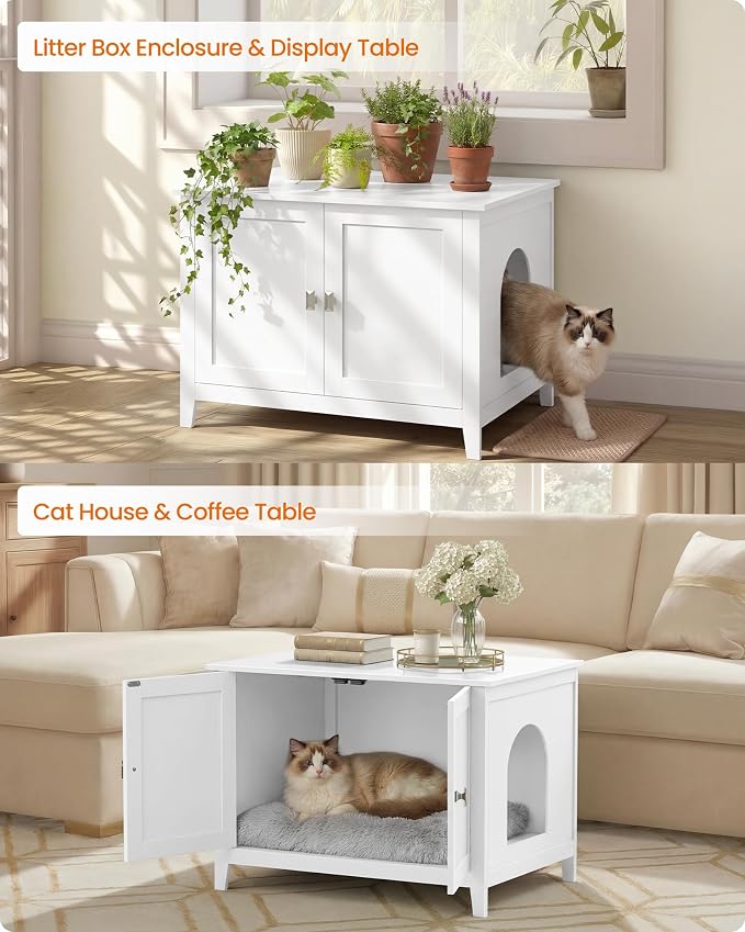 Feandrea Cat Litter Box Enclosure, Modern Hidden Cat Litter Box Furniture, Double Doors, Handles, Indoor Pet House Washroom, Living Room Side End Table, Cloud White UPCL015WB01