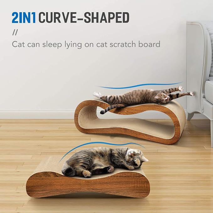Simple Delxue 2 in 1 Cat Scratcher Lounger, Large Horizontal Cardboard Cat Scratcher with 2 Plug-in Teaser Wand, 100% Recyclable & Reversible Scratching Pads Prevents Furniture Damage