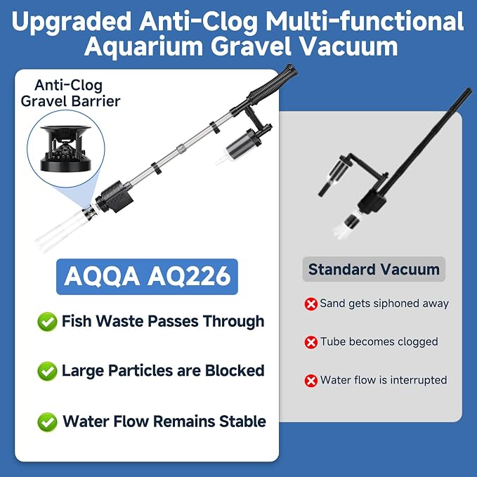 AQQA Aquarium Gravel Vacuum Cleaner, 8-in-1 Electric Fish Tank Cleaner with Automatic Water Change, 320GPH Strong Suction, Anti-Clog Gravel Barrier, Sand Washer, Vacuum Cleaner for 14-30in Tank Height