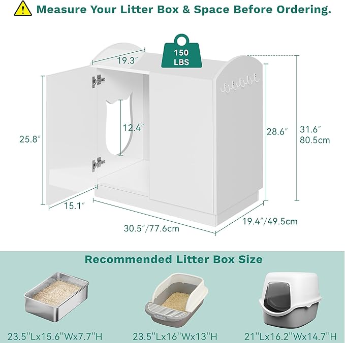 YITAHOME Hidden Cat Litter Box Enclosure, 31 Inch Litter Box Furniture with Hooks for Large Medium Cats, High-Gloss Wooden Cat Cabinet for Indoor Cats, White