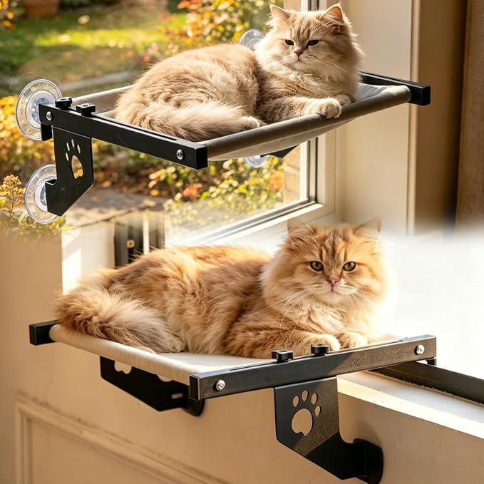 2‑in‑1 Cat Window Perch,Suction Cup & Hook‑On Windowsill Mounted Pet Perch, Sturdy Hammock with Metal Frame for Large Cats, Easy to Adjust Cat Bed for Windowsill, Bedside, Drawer and Cabinet