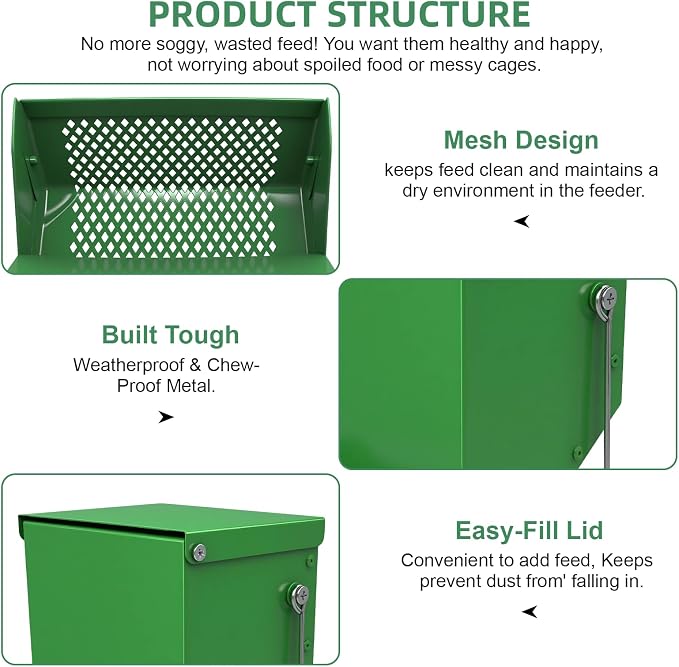 2 Packs Hay Feeder Rabbit, Metal Small Animal Feeder with Lid & Mesh Bottom, 4.7 Inch 2 LBS Capacity, Gravity Food Dispenser for Guinea Pigs Chinchillas, Cage or Outdoor Use, Green