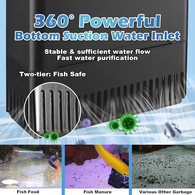 290GPH Turtle Tank Filter for 20-85 Gallon, Turtle Filter Low Water Level Available and Flow Adjustable, Turtle Water Filter for Shrimps Amphibians Turtle Tank Saltwater Freshwater Crystal Clear | Minimum water level required: 2.6 inches Power Adjustable