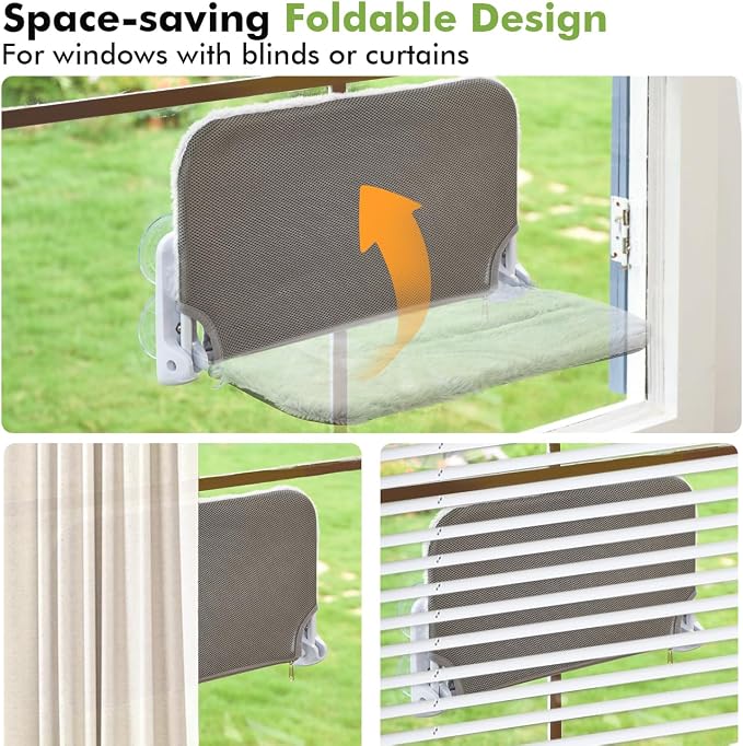 Zoratoo 2PC Cat Window Perch Cordless Foldable Cat Hammock Bed for Window with Metal Frame and Reversible Cover, Large Suction Cups Window Resting Seat for Indoor Cats (Cat Bed, L-2PC)