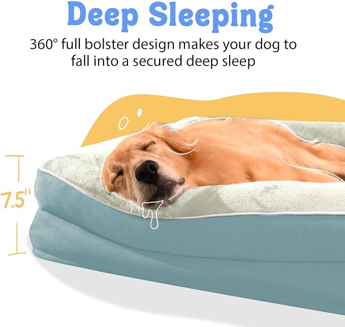 Chez Paw Large Orthopedic Dog Bed for Extra Large Dogs, Waterproof XL Egg-Crate Foam Dog Bed with Removable Washable Cover & Non-Slip Bottom, 4-Sided Bolster Support, Blue 42"x30"x7.5"