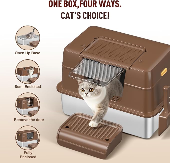 Stainless Steel Extra Large Litter Box with Lid for Big Cats, High Sided, No Odor, Non-Sticky, Anti-Leakage (Brown)