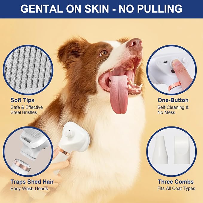 3-in-1 Pet Hair Dryer Brush for Dogs & Cats Portable, Dog Hair Blower & Slicker Brush Adjustable Temp (Low/Middle/High), Overheat Protection