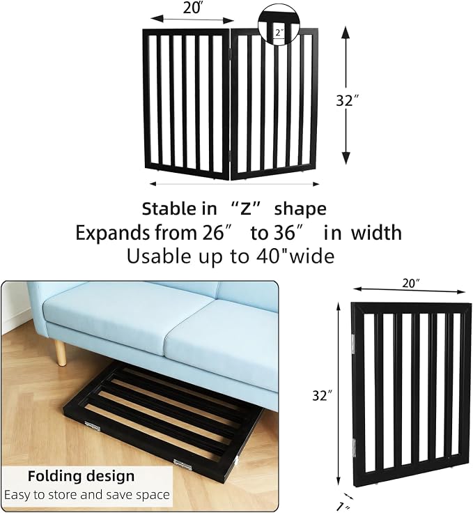 Dog Gate Indoor, Freestanding Dog Fence for The House, Doorways, Hallways,or Stairs,Pet Gate Foldable Wooden,Expandable 32" Height 2 Panels,Black