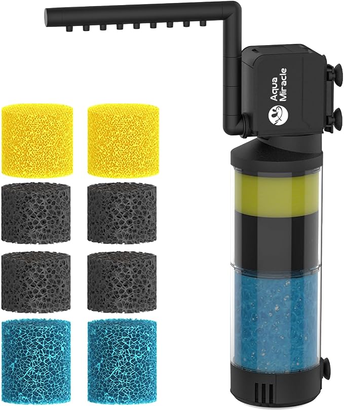AquaMiracle 3-Stage Aquarium Filter (for 10-40 Gal Tanks) with Filter Sponges Pack (Including 2 x Coarse Sponge, 2 x Fine Sponge & 4 x Carbonized Sponge)