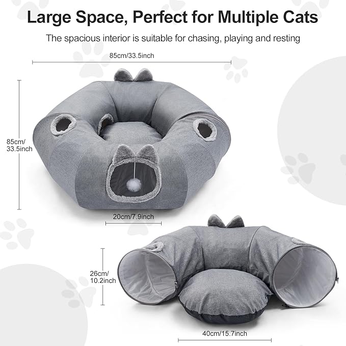 Odoland Cat Tunnels Bed for Indoor Cat with Interactive Cat Toys, Cat Tube with Washable Cushion for Small Large Cats, Round Pet Peekaboo Cave for Kitten, Adult Cats and Rabbit