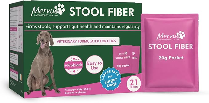 Mervue Stool Fiber for Dogs – Psyllium Husk Powder for Dogs that Boost Firm Stools – Large Dog Digestive Support with Live Probiotics and B-Vitamins for Sensitive Stomach Ease – 21-Pack, 20g Each