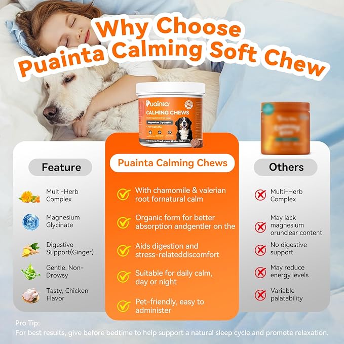 PUAINTA Dog Calming Chews – Magnesium Glycinate & Melatonin for Dogs, 4 Herbal Ingredients for Anxiety Relief, Stress & Travel Support, Chicken Flavor (90 Count)