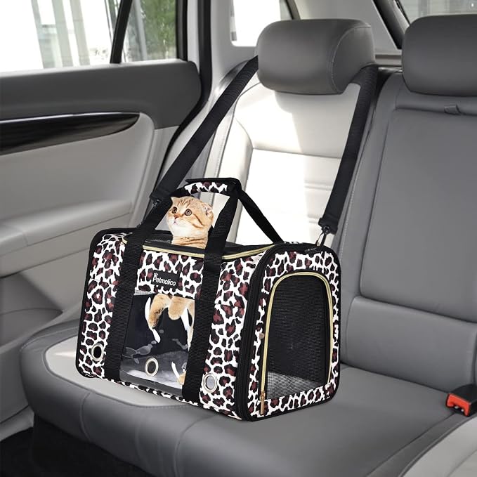Petmolico Cat Carrier Soft-Sided Pet Bag for Small Medium Cats Puppies 16LBs - Airline Approved Pet Travel Carrier 3 Open Doors (Medium,Leopard)