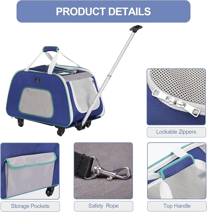 A 4 Pet Dog Carrier with Wheels,Foldable Rolling Pet Carrier Up to 33 LBS with Removable Base, Extendable Handle & 4-Wheels Design, Mesh Ventilation Windows and Safety Rope,Navy Blue