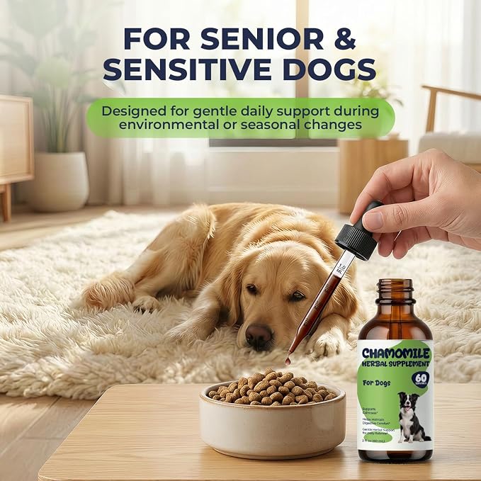 Chamomile for Dogs, Calming Drops for Dogs with Chamomile Extract, Supports Relaxed Behavior, Digestive Comfort & Daily Balance, Liquid Dog Supplement for Storms, Travel & Separation Stress, 2 fl oz