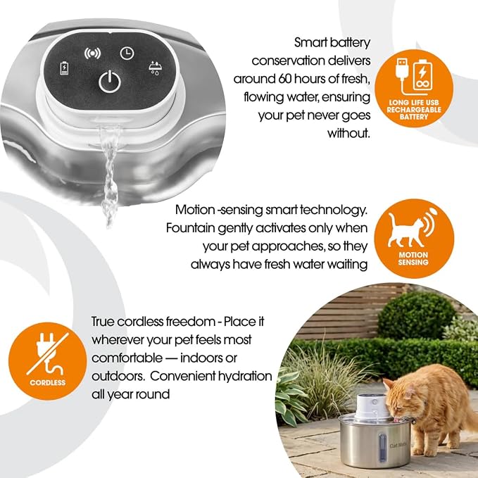 Cat Mate 2 Litre Stainless Steel Cat Water Fountain – Automatic Pet Water Dispenser for Cats, Filtered Drinking Fountain, Battery Operated