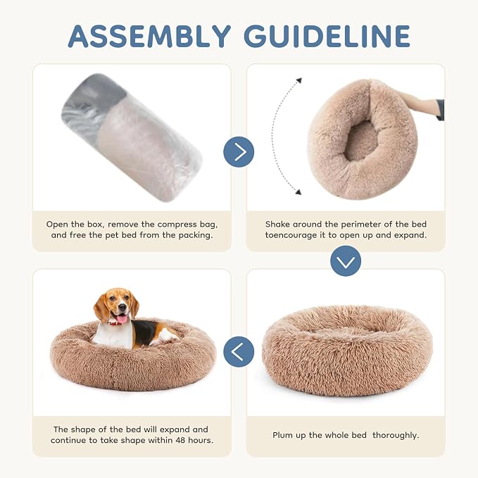 DUMOS Donut Dog Beds for Large Dogs, 37.4x37.4 in Machine Washable Cuddler Warming Cozy Fluffy Faux Fur Plush Round Pet Bed, Anti-Slip Bed for Indoor Dogs and Cats, Brown