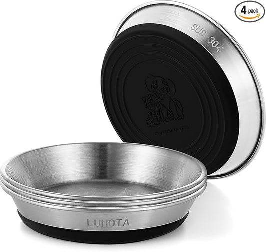4 Pcs Whisker Friendly Cat Bowls, 304 Stainless Steel Food Water Bowls with Non-Slip Silicone Base, Dishwasher Safe Shallow Bowls for Cats Kittens Small Dogs, Indoor Outdoor Use