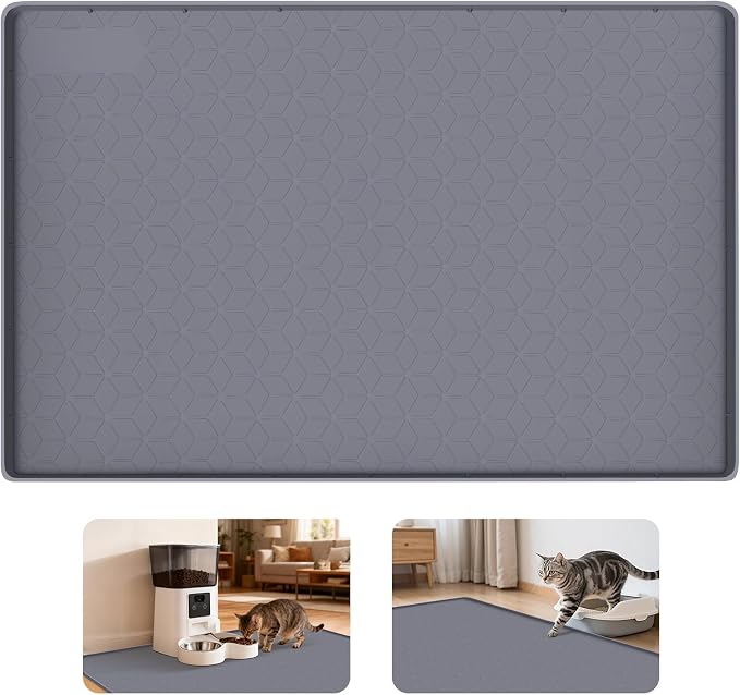 Cat Food Mat, 34" x 22" Large Silicone Pet Feeding Mat with Raised Edge Pet Placemat for Food and Water Bowl Non-Slip, Easy to Clean, Floor Protection (Dark Grey)