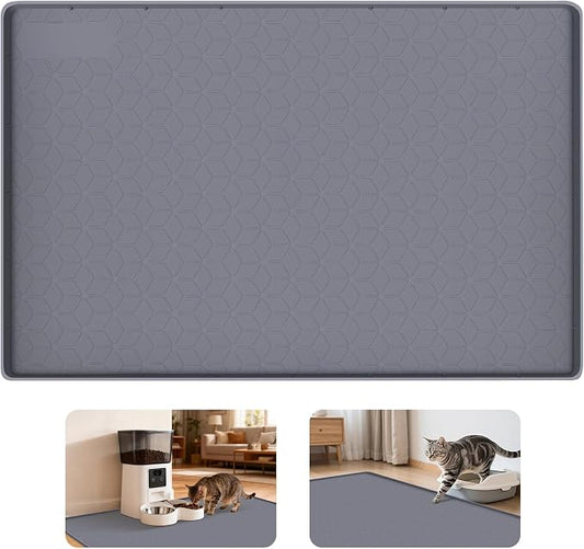 Cat Food Mat, 34" x 22" Large Silicone Pet Feeding Mat with Raised Edge Pet Placemat for Food and Water Bowl Non-Slip, Easy to Clean, Floor Protection (Dark Grey)