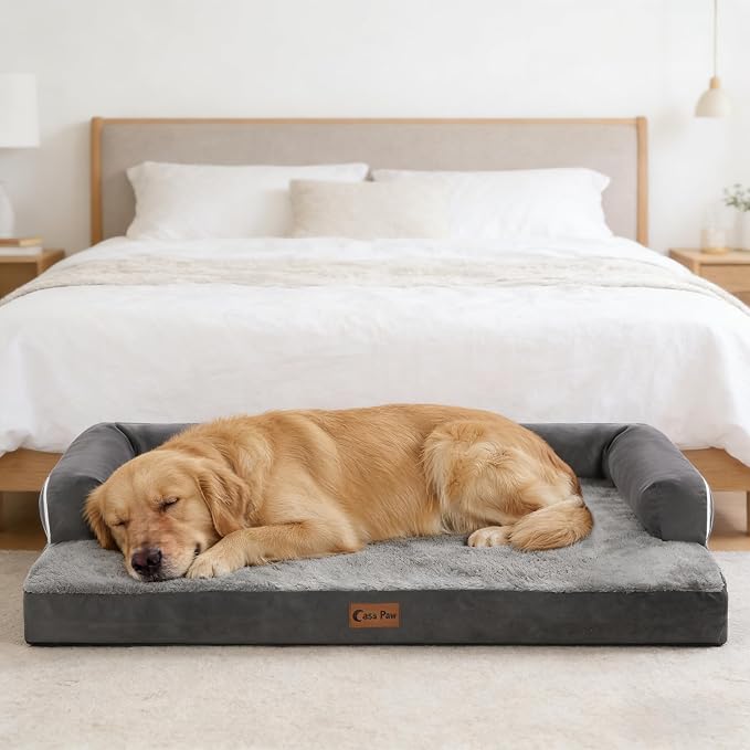 Orthopedic Dog Beds for Extra Large Dogs, Waterproof Egg Crate Foam XL Dog Bed with Sides 45x35Inch, Big Dogs Couch Beds with Removable Washable Cover and Nonskid Bottom, Dark Grey
