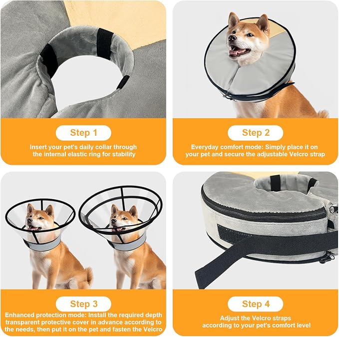 Sponge Core Dog Cat Cone Collar for After Surgery Recovery, Inflatable Dog Cone Alternative, Lainergie Dogs Donut Collar Adjustable with 2PCS Cover for Large Medium Small Dogs Cats (Grey+Yellow, S)