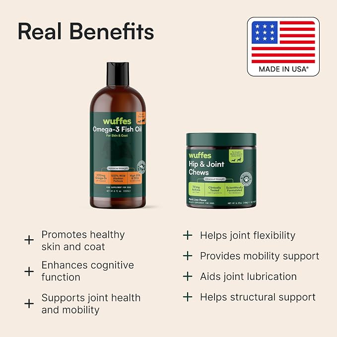 Wuffes Hip & Joint Supplement and Advanced Omega 3 Fish Oil Bundle for Small and Medium Dogs