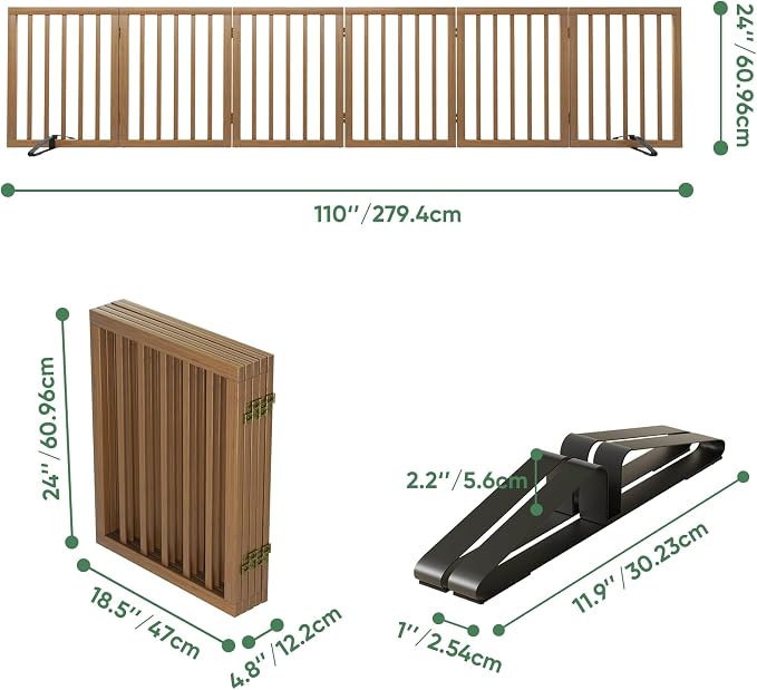 Dog Gates for Doorways, Foldable Dog Gate Indoor, Freestanding Pet Gates for Doorways Bedroom, Puppy Gate with Metal Support Feet, Room Divider 6 Panels (Walnut)