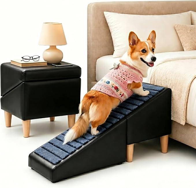 Large Dog Stairs for Bed 17" H - Heavy Duty Non-Slip 2-in-1 Ottoman | Fits 12-17" Medium Beds/Couches, Supports 30-80lbs Dogs for Senior Pets