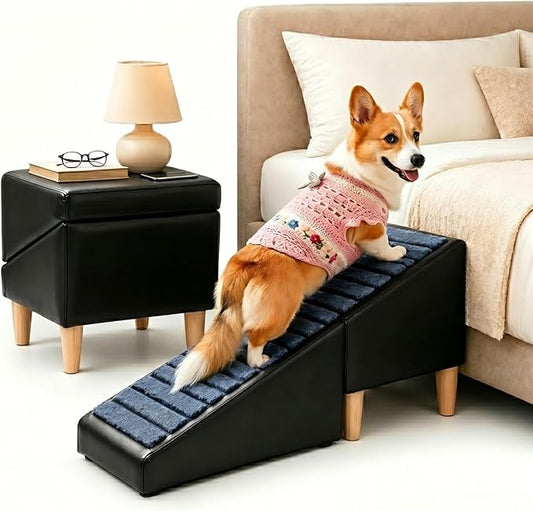 Large Dog Stairs for Bed 17" H - Heavy Duty Non-Slip 2-in-1 Ottoman | Fits 12-17" Medium Beds/Couches, Supports 30-80lbs Dogs for Senior Pets