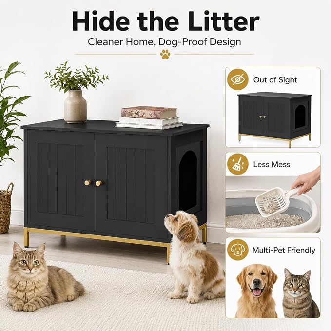 Homhedy Cat Litter Box Enclosure, Cat Washroom Furniture with Metal Frame, Pet House, Fit Most of Litter Box, Modern Style, Black and Gold