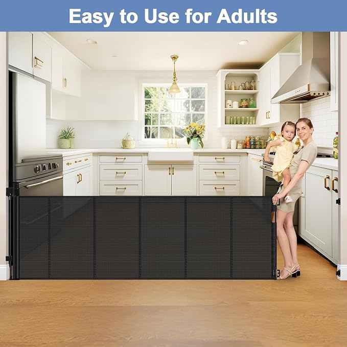 Reinforced 120 Inch Extra Long Retractable Dog Gates for Doorways Extra Wide Pet Gate Indoor 10 Ft Retractable Baby Gates for Dogs 33 Inch Tall Mesh Baby Gate Long with Reinforced Strips, Black