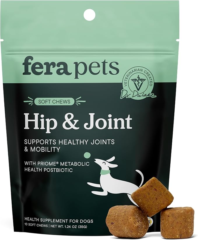 Fera Pets Hip & Joint Supplement for Dogs with Glucosamine, MSM, Chondroitin, & Green Lipped Mussel - Supports Healthy Joints and Weight Management - 10 Soft Chews
