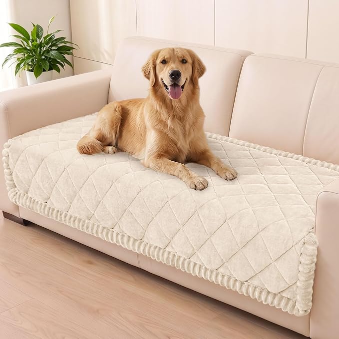 Smiry Couch Cover for Dogs, Non Slip Washable Pet Sofa Protector for Large Dogs, Cats, Fuzzy Plush Sofa Covers for 2 Cushion Couch, Against Fur, Dirt & Scratch Resistant, White, 35.4"×63"