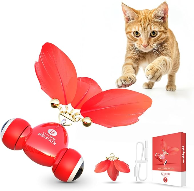 KiTiFISH 【2025 Upgrade】 Interactive Cat Toy, Automatic Cat Toy with Motion Activation, USB Rechargeable, Fast Rolling on Thin Carpet, Fun Exercise Toy for Indoor Cats, Durable Feather Tail and Bell