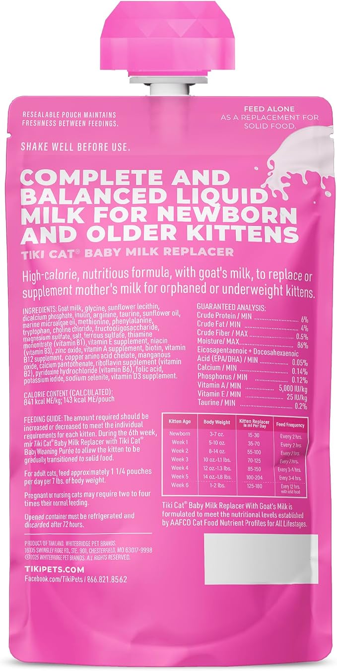 Tiki Cat Baby Milk Replacer, Goat Milk, 6 oz. Spout Pouch (6 Count)