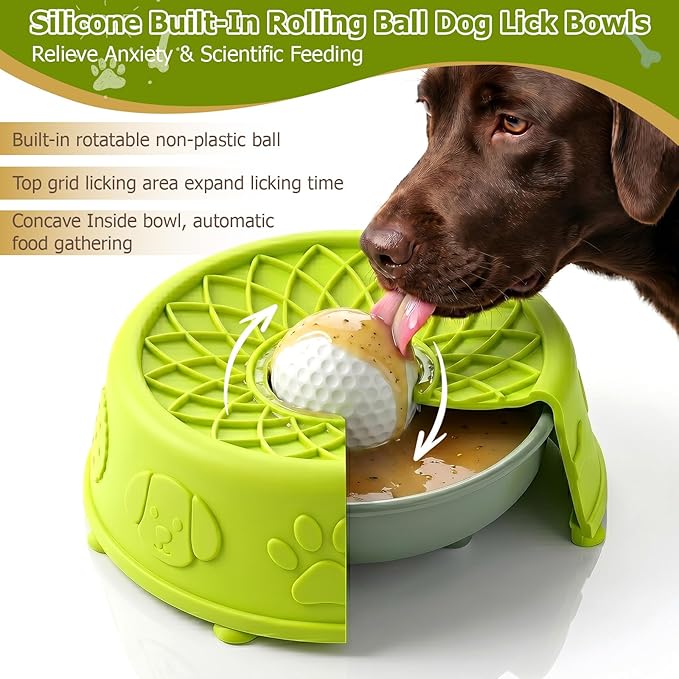 Dog Slow Feeder Lick Bowl with Rolling Ball for Liquid Treats, 2-in-1 Anti-Slip Silicone Dog Licking Bowl for Bone Broth with Suction Cup, Enrichment Lick Sphere Toy for Large Medium Dogs Cats (Green)