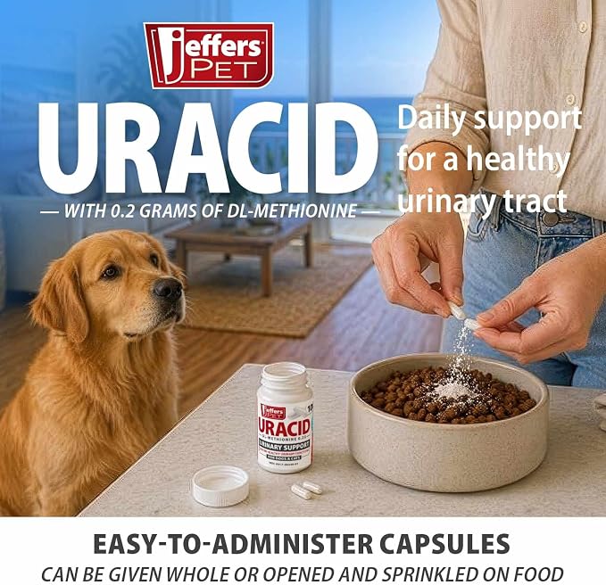 Jeffers Pet Uracid DL-Methionine Capsules for Dogs & Cats, Urinary pH Acidifier for Crystals, Bladder Stones, Urinary Tract Support, Fast Acting Urinary Health Supplement, Made in USA - 1000 Capsule