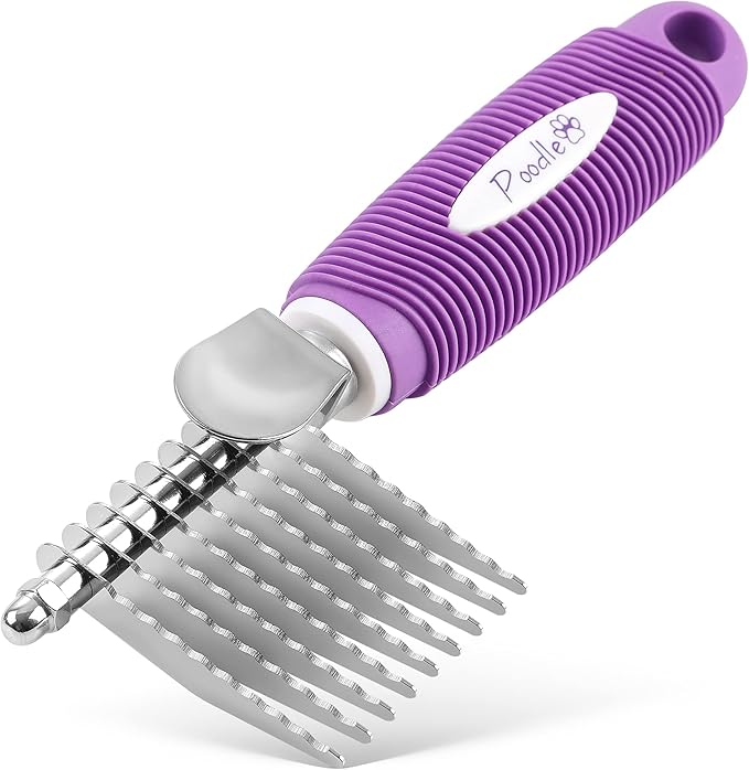 Poodle Pet Bundle - Dematting Fur Rake Comb Brush Tool with Steel Safety Blades for Detangling Matted or Knotted Undercoat Hair and Slicker Brush for Small and Large Dogs Pet Hair Remover