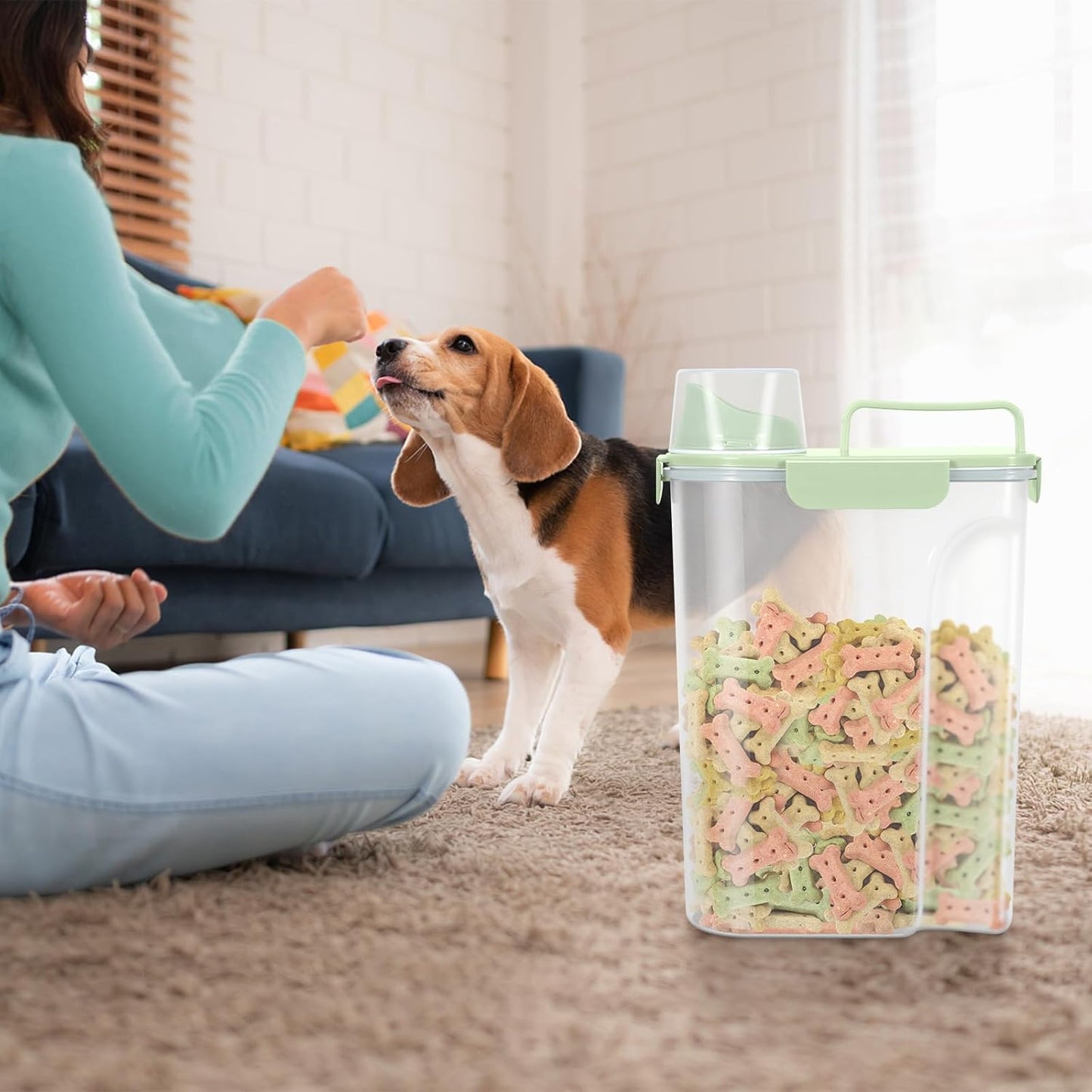 5-7Lbs Dog Cat Food Storage Container with Upgraded Large Nozzle BPA-free, 4 Snap Seals Plastic Pet Food Storage Containers with Handles (2, Light Green, 5L)