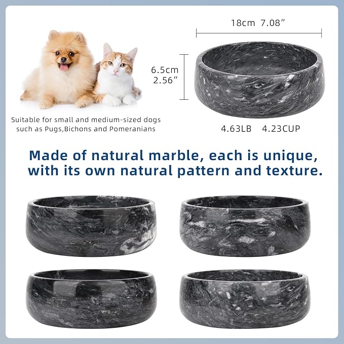 Marble Dog Bowl, Natural Stone Weighted Spill Proof Pet Food Water Container, Non-Slip Easy to Clean, Small Size for Small and Medium Dogs (Dark Grey, Medium)