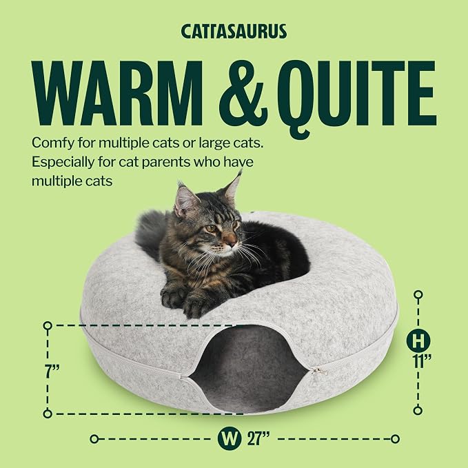 Cattasaurus Peekaboo Cat Cave Donut for Multiple & Large Cats up to 30-45 lbs, 3-in-1 Self Warming Cat Bed, Tunnel & Scratcher for Indoor Cats, Washable & Detachable Small Dog Bed (Light Gray, Jumbo)
