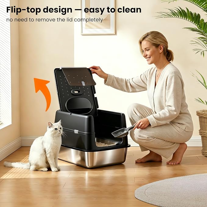 Extra Large Stainless Steel Cat Litter Box with 120° Lid for Multiple Cats, Enclosed Top Entry Litter Box High-Sided Anti-Leak, Dog Proof Litter Boxes with Litter Step & Scoop