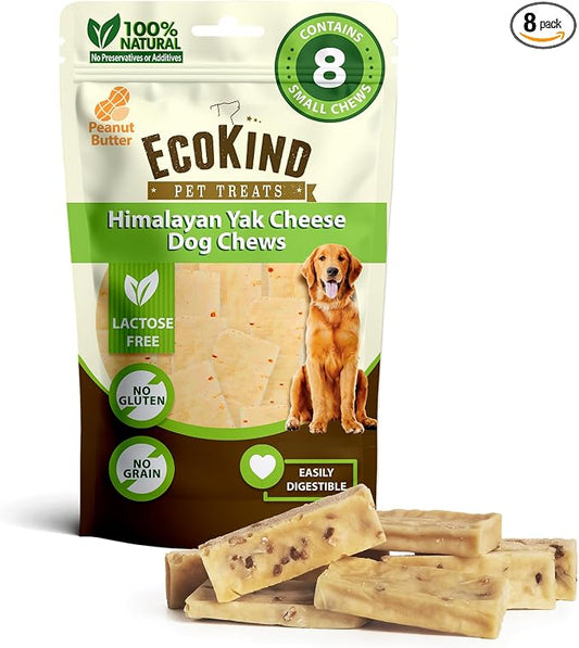 EcoKind Yak Cheese Himalayan Dog Chews, Yak Chews for Small Dogs, Long Lasting Bone for Aggressive Chewers, 4 Ingredients, Natural High Protein Dog Treats, No Additives, Peanut Butter, Small - 8 Chews
