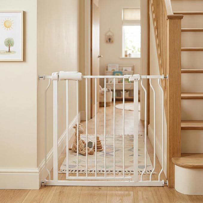 Baby Gate for Stairs 34-38.5" Dog Gate for Doorways, Walk Thru Auto Close Metal Baby Safety Gate for The House, Stairs and Doorways, Child Gate Pressure Mounted, Pet Gate for Dog Indoor - White