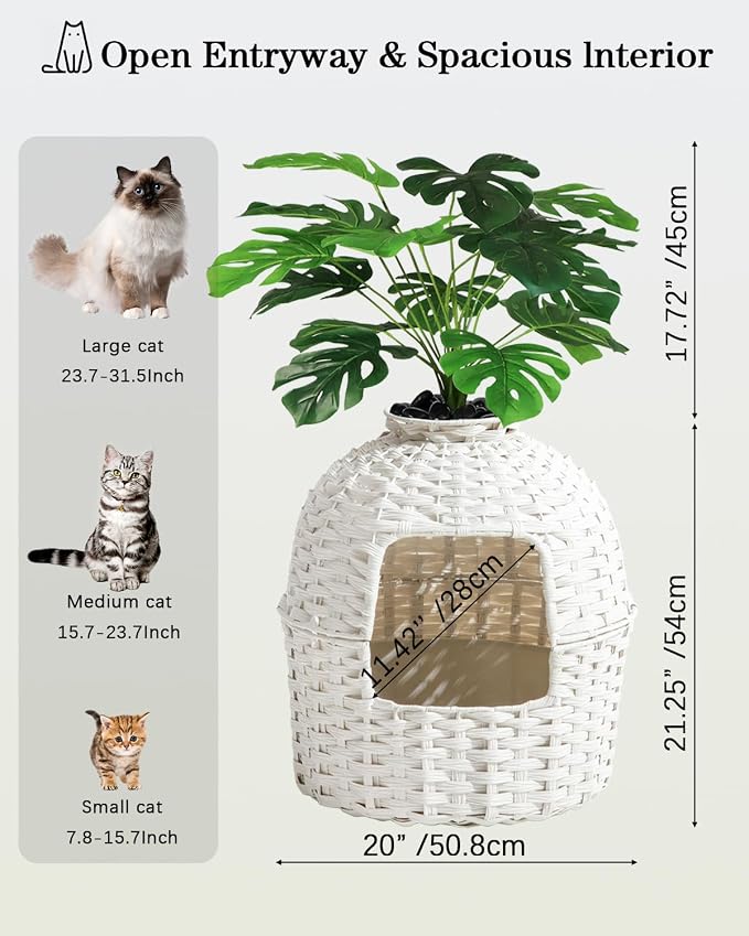 SETVSON Cat Litter Box Plant Enclosure, Hidden Handwoven Rattan with Cat Litter Box Furniture and Artificial Plants, Odor Control Filter, Real Stones in Living Room, Bedroom, Corner (White)