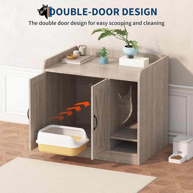 Cat Litter Box Enclosure,Hidden Litter Box Furniture with Divider,Indoor Cat House,Wooden Cat Washroom Storage Cabinet Bench, Side End Table Nightstand, 33.07" L × 23.62" W × 23.92" H,Light Gray